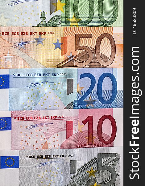 Row with five different Euro bills. Row with five different Euro bills