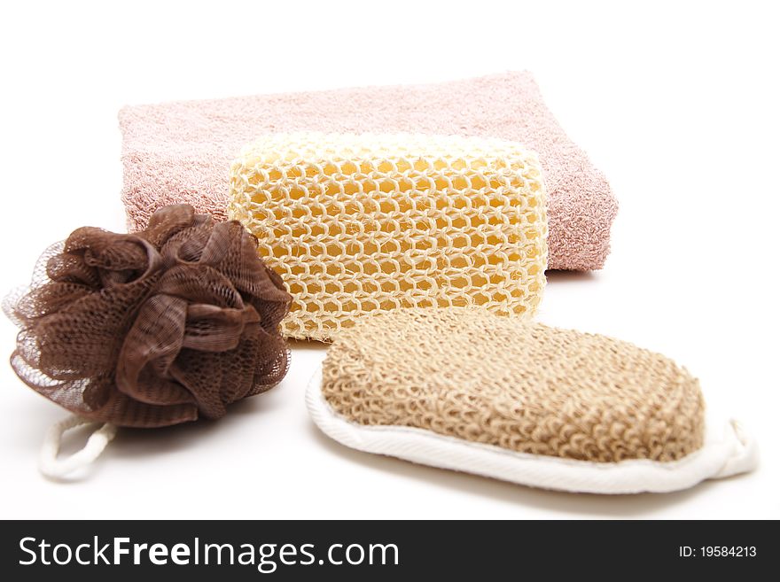 Different massage sponges with towel