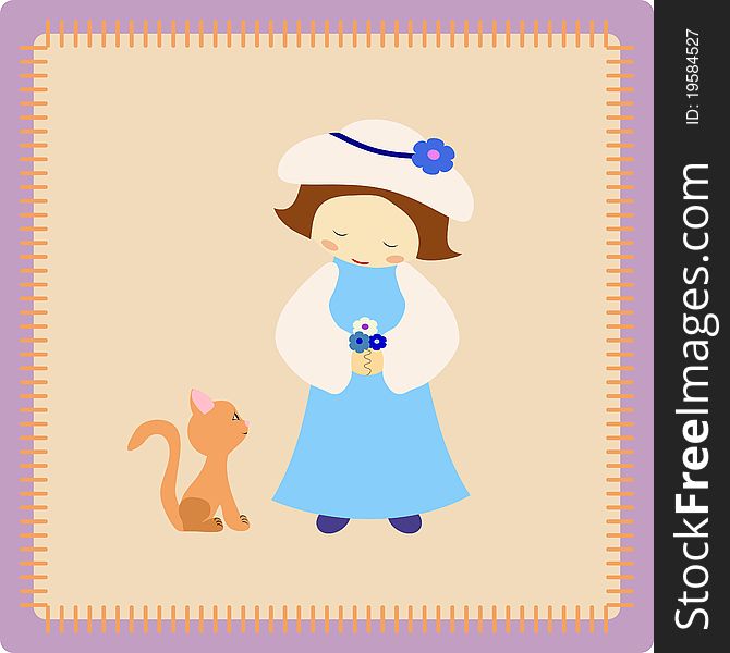 Little girl with a cute kitten - illustration. Little girl with a cute kitten - illustration