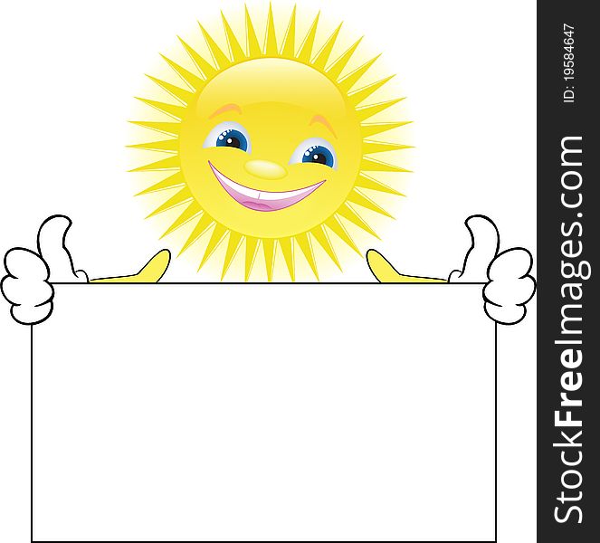 Funny smiling sun keeps in hand a large white poster. Funny smiling sun keeps in hand a large white poster