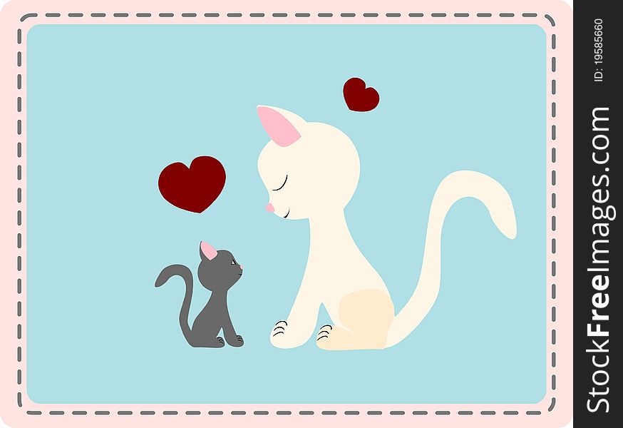 White cat with gray kitten and hearts - illustration. White cat with gray kitten and hearts - illustration