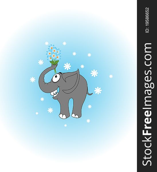 Funny elephant with a bouquet of daisies. Funny elephant with a bouquet of daisies