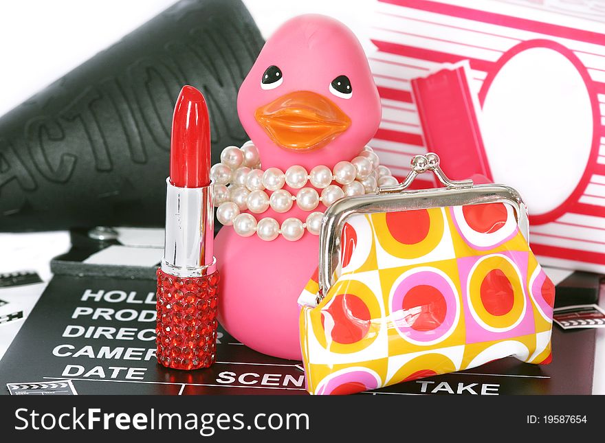 Pink rubber duck with movie props. Pink rubber duck with movie props