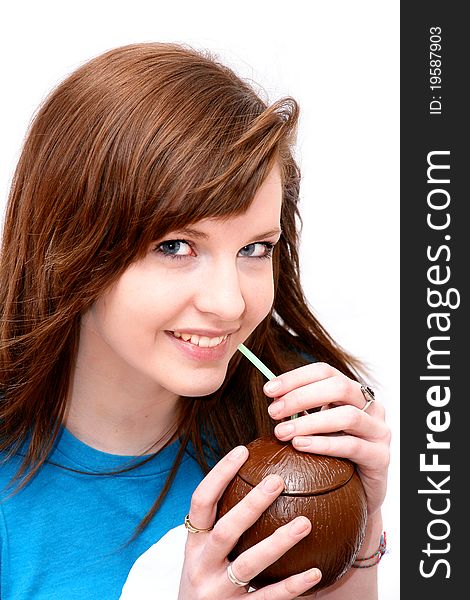 Teen with coconut drink container. Teen with coconut drink container
