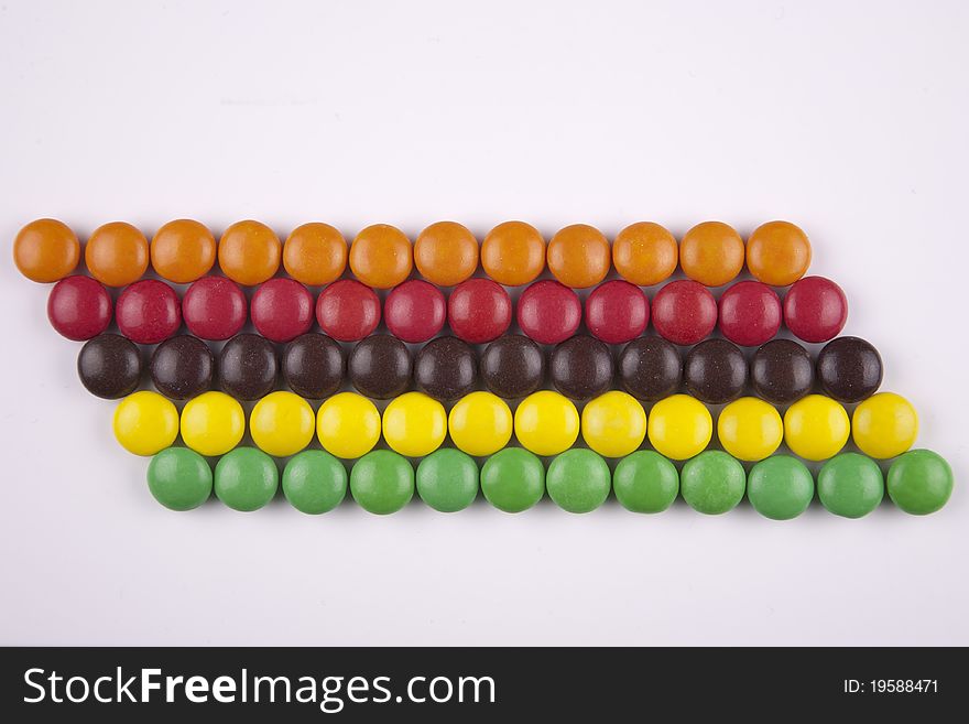 Chocolate rhythm, ordered rows of colored candies, orange, red, brown, yellow and green. Chocolate rhythm, ordered rows of colored candies, orange, red, brown, yellow and green