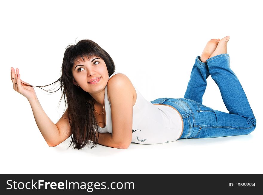 White young woman lying on the floor