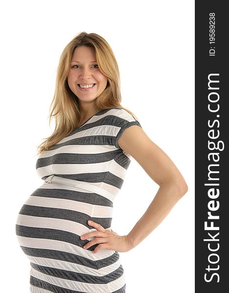 Happy Pregnant Woman In Striped Dress