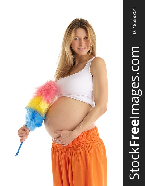 Pregnant woman with brush isolated on a white