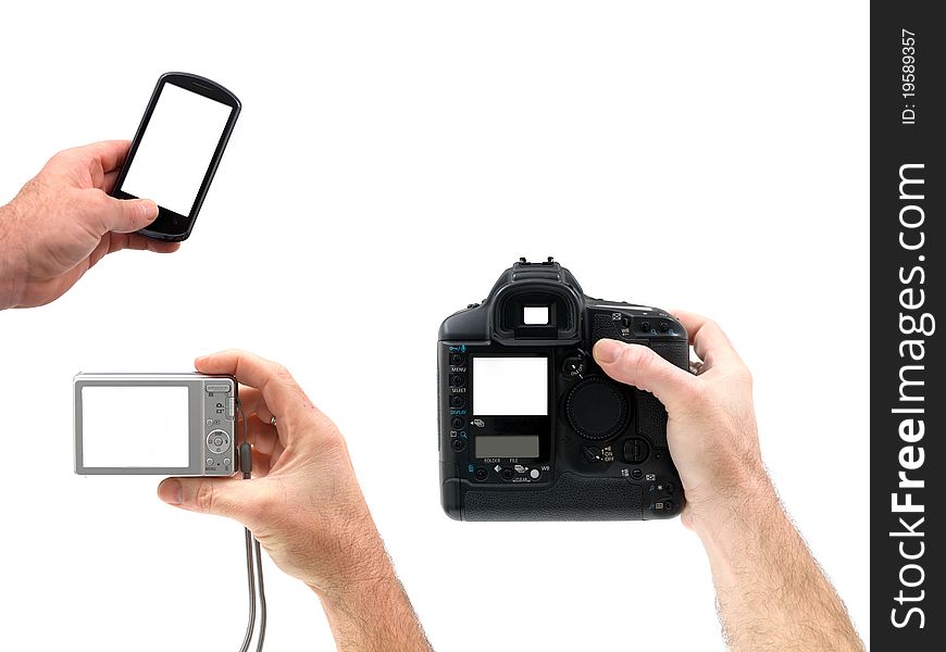 Digital cameras hand held isolated against a white background. Digital cameras hand held isolated against a white background
