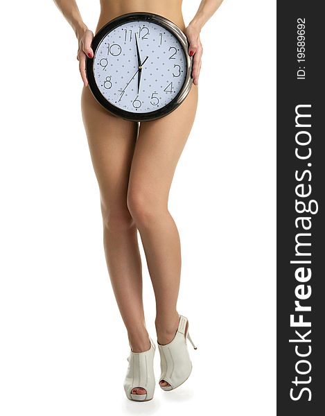 Women's legs and round clock isolated on white