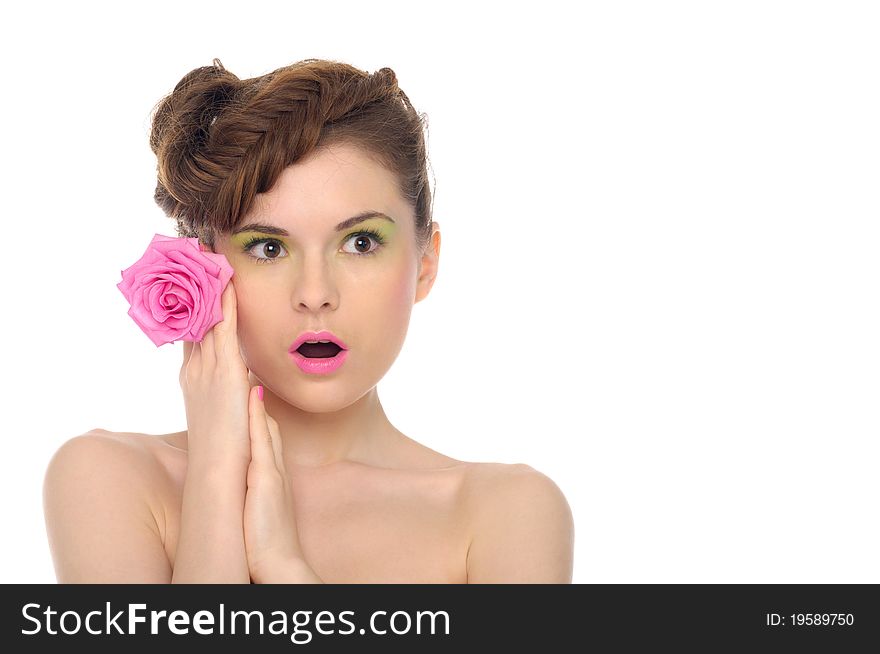 Surprised woman with flower isolated on white