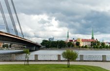 Modern Bridge And Old City Riga, Latvia Royalty Free Stock Photo Modern Bridge And Old City Riga, Latvia Royalty Free Stock Photo