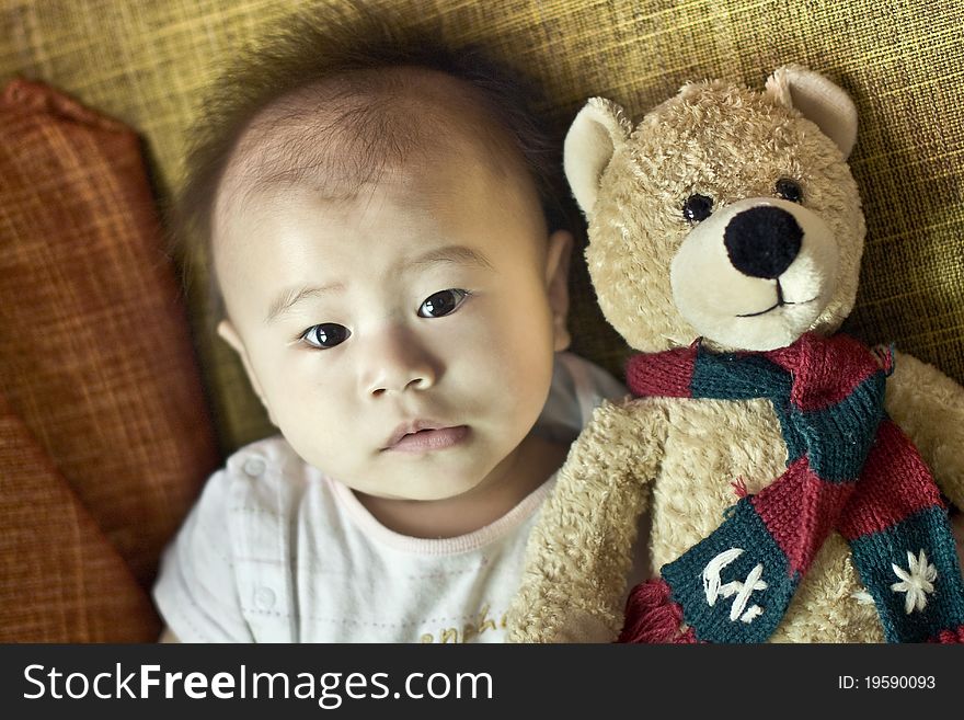 Baby and teddy bear   lie in  sofa
