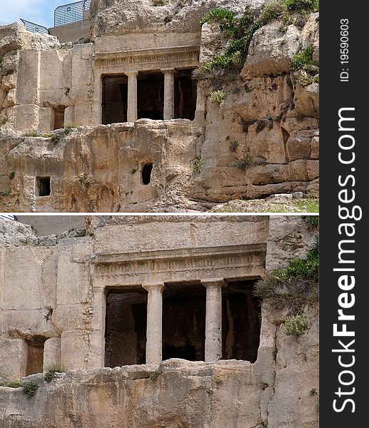 Ancient tomb cave of Benei Hezir in Kidron valley in Jerusalem. Ancient tomb cave of Benei Hezir in Kidron valley in Jerusalem