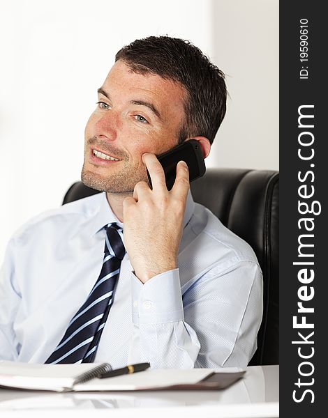 Happy businessman on the phone in office. Happy businessman on the phone in office