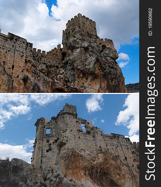 Ruins of a medieval castle on the rock in Spanish village Zuheros