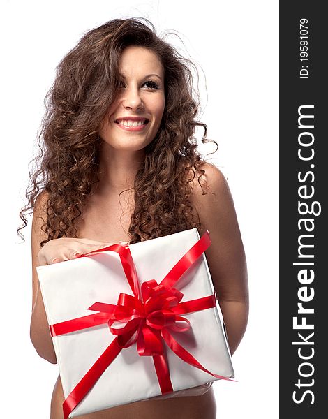 Naked Smiling Woman Holding Gift Isolated