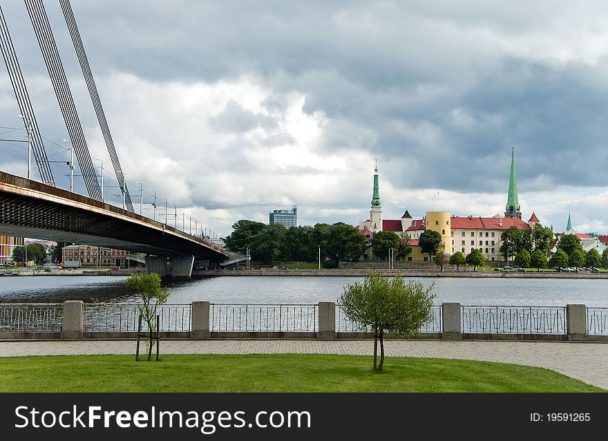 Modern Bridge And Old City Riga, Latvia