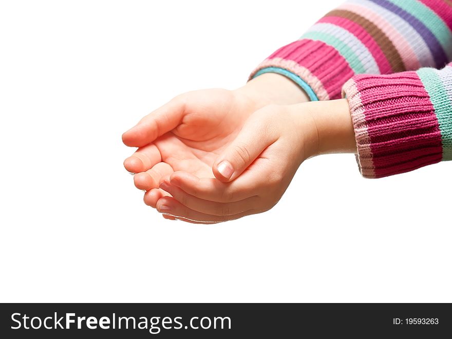 Little gilr's hands open. Isolated on white background