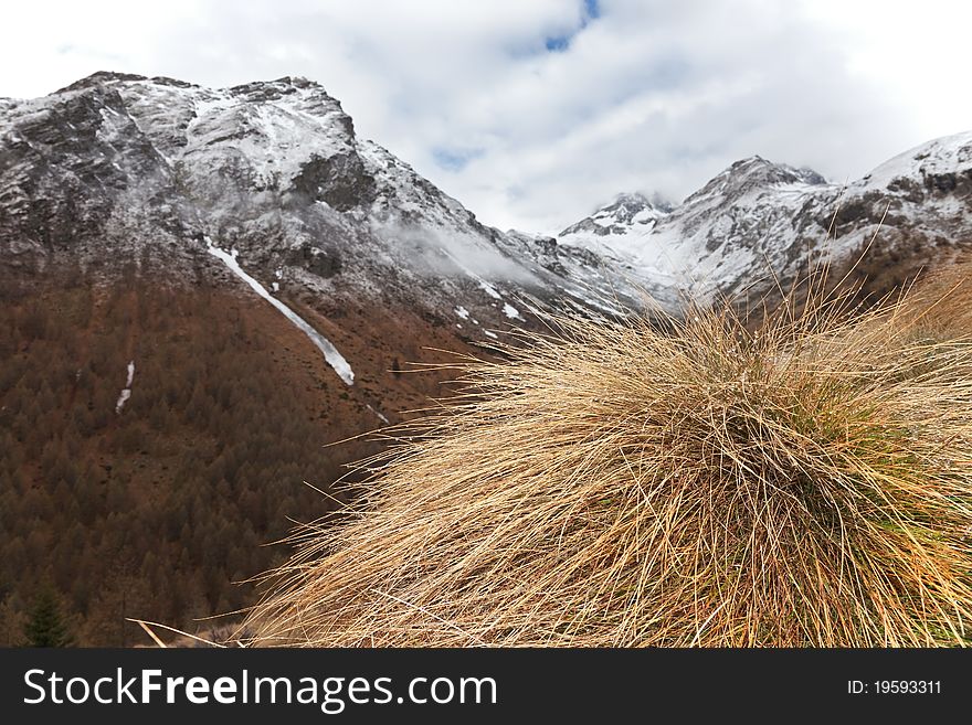 Icy Valley. Top of Valle delle Messi, Brixia province, Lombardy region, Italy. Pietra Rossa Pass (2890 meters on the sea-level) as background