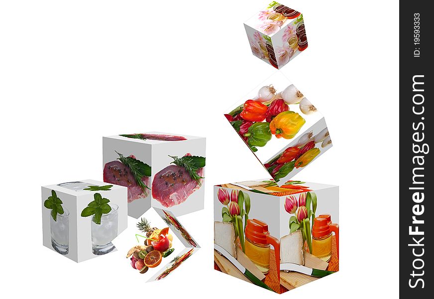 Cubes with images of food on white background
