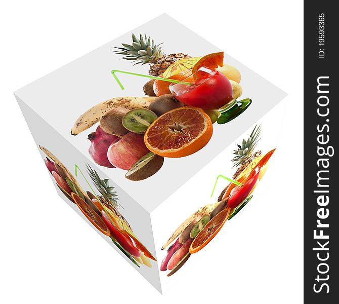 Photo cube with mixed fruit and glass of orange