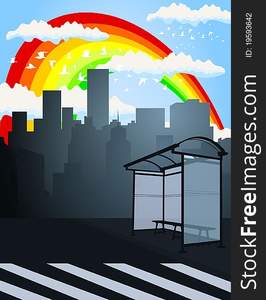 Rainbow in the sky over a city. A illustration. Rainbow in the sky over a city. A illustration