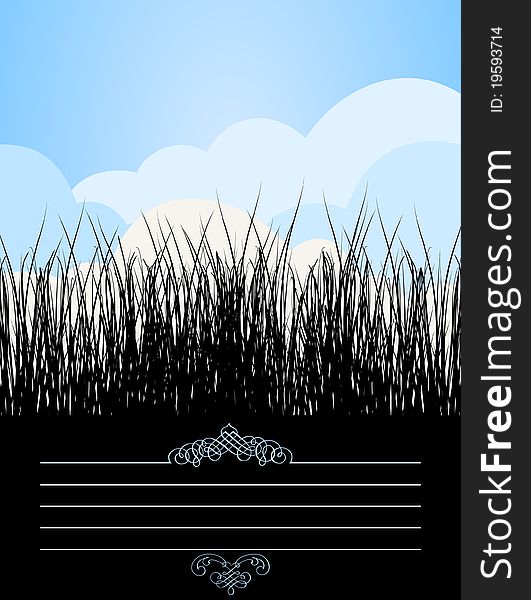 The grass grows from the earth against the blue sky. A  illustration. The grass grows from the earth against the blue sky. A  illustration