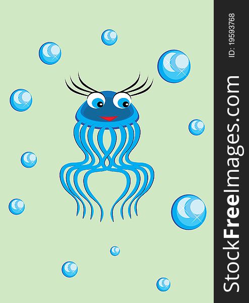 The small ridiculous jellyfish swims in the sea. illustration