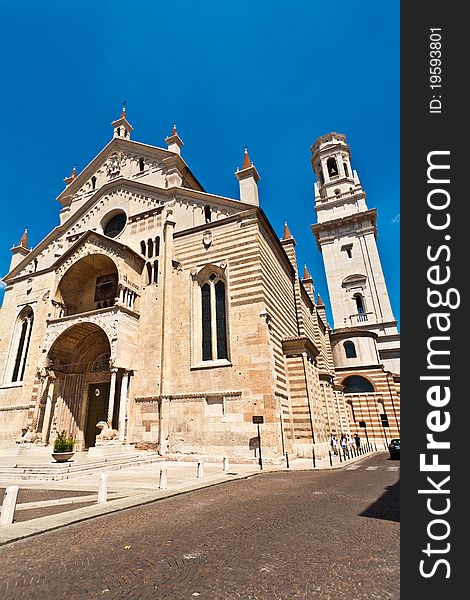 The facade of the catholic middle ages romanic cathedral  in Verona, the city of Romeo and Juliet, Italy