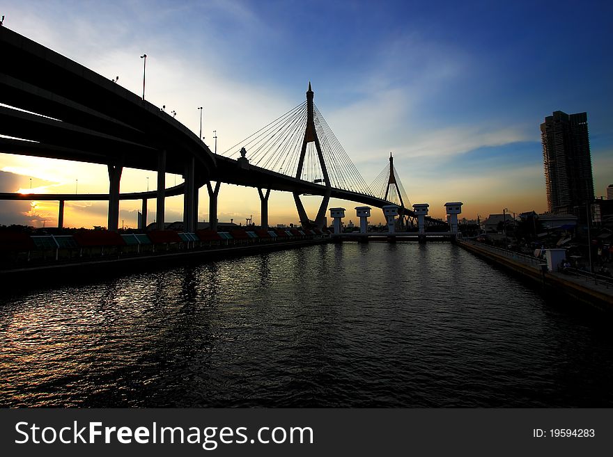 Kind Bhumibol Suspension Bridge Under The Blue Sky, Bangkok. Kind Bhumibol Suspension Bridge Under The Blue Sky, Bangkok