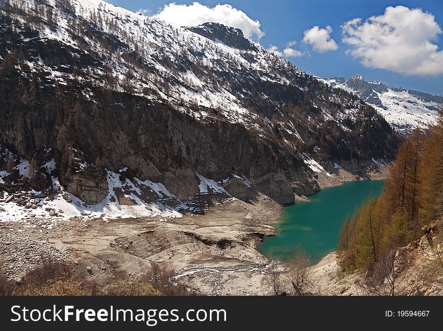 Landscape of Arno man-made lake basin at 1900 meters on the sea-level. Brixia province, Lombardy region, Italy