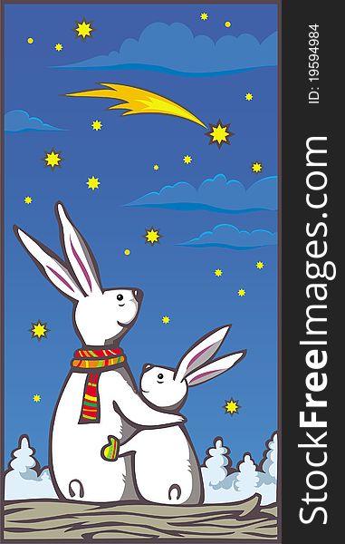 Vector picture with two rabbits looking to sky. Vector picture with two rabbits looking to sky