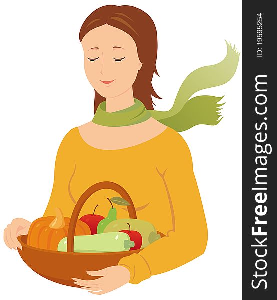 Vector image of woman with fruits and vegetables. Vector image of woman with fruits and vegetables