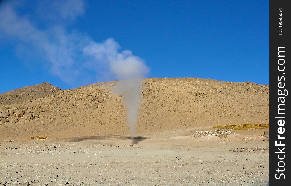 Geothermal plateau Sol de MaÃ±ana - the highest plateau hot spring located on the Earth. Located at an , of 4, 850 meters on the Altiplano in Bolivia. Geothermal plateau Sol de MaÃ±ana - the highest plateau hot spring located on the Earth. Located at an , of 4, 850 meters on the Altiplano in Bolivia.