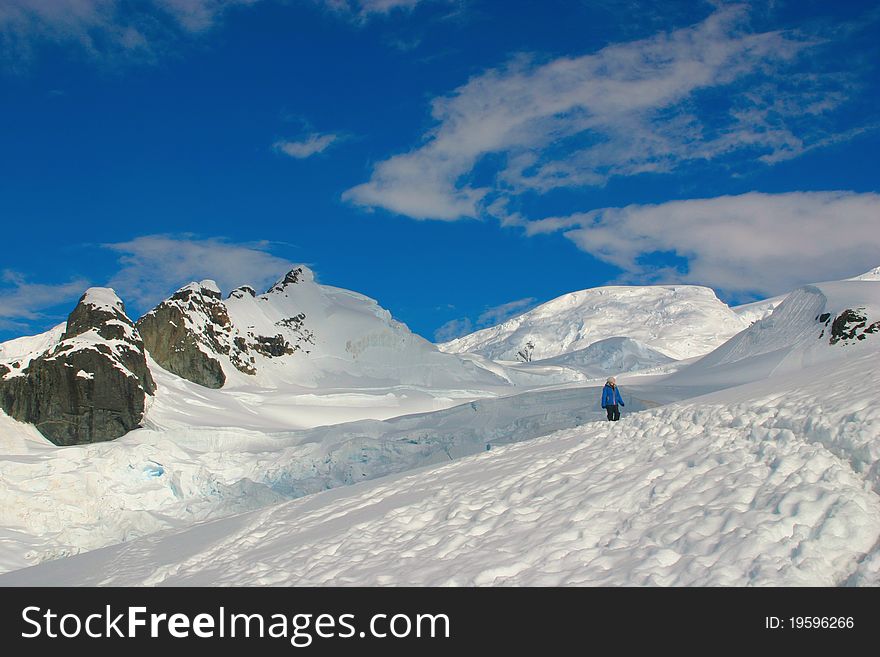 Antarctic Scenery, Snow And Blue Sky And Walker