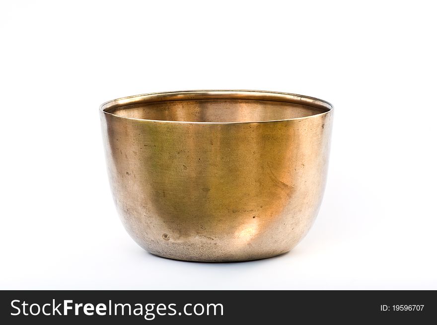 Old Brass bowl of water on white background,phitsanulok. Old Brass bowl of water on white background,phitsanulok