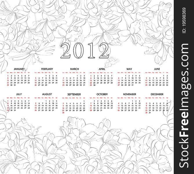 Template for calendar 2012 with flowers