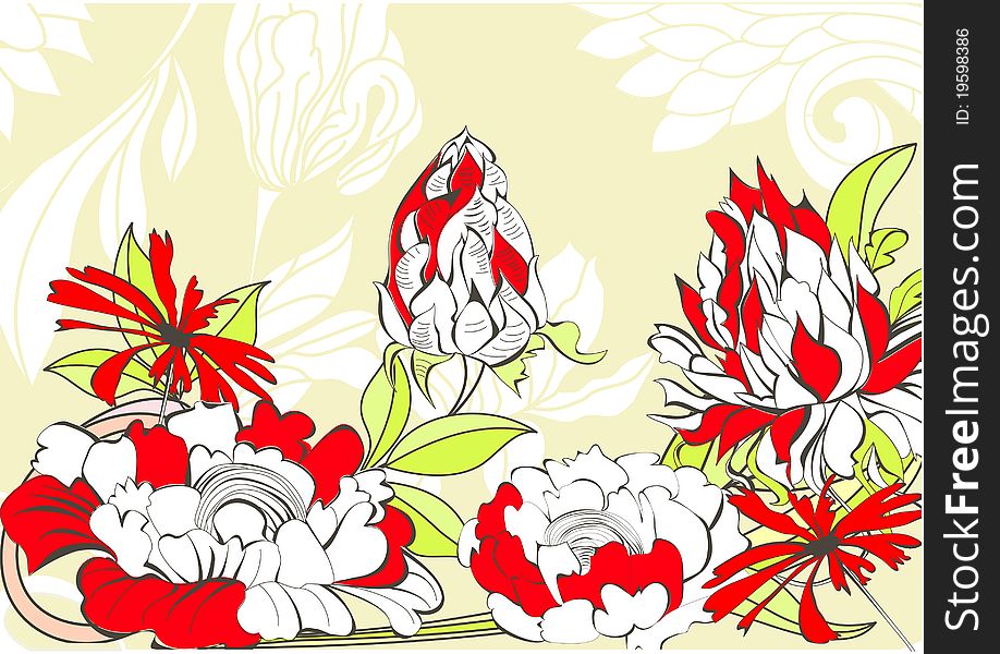 Template for floral card with colorful flowers