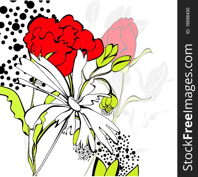 Template for decorative card with colorful flowers