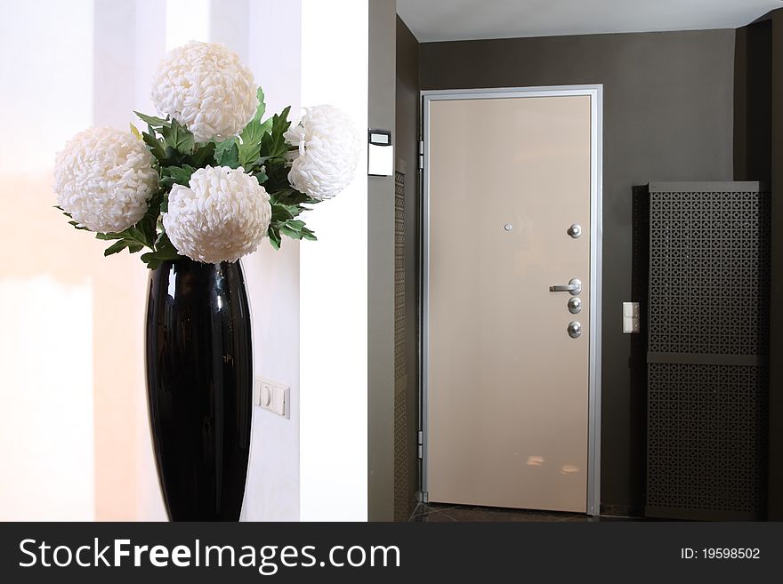 Spacious modern lobby with the big mirror and a bench from a skin