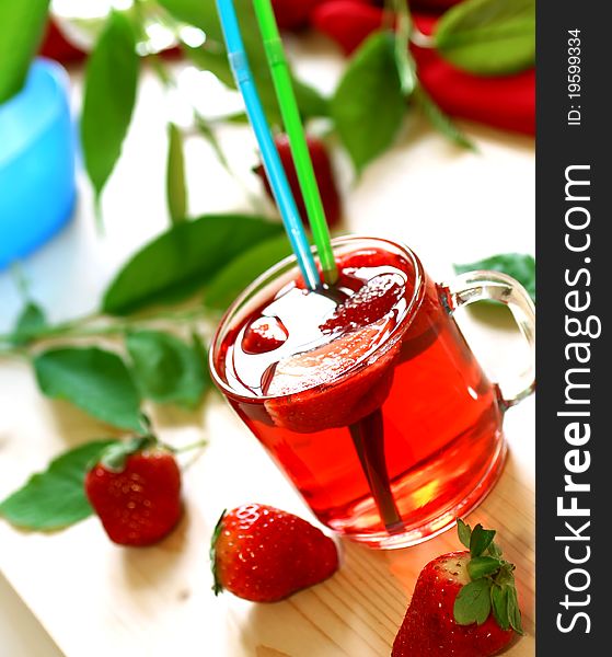 Strawberry drink, nonalcoholic beverage in glass