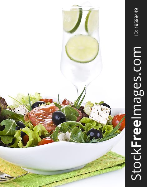 Fresh vegetable salad with ice cold drink. Fresh vegetable salad with ice cold drink