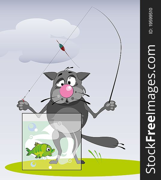 Grey cat and fishing-cartoon