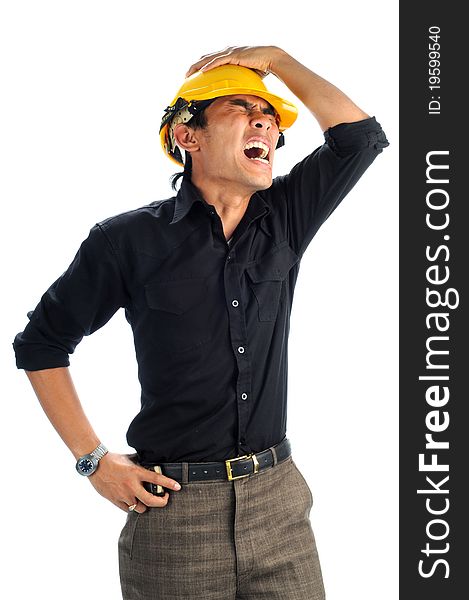 Depressed workers shouts isolated white background.His left hand on the head and his right hand on his waist