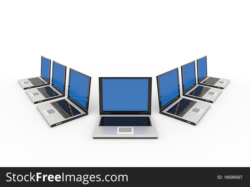 Some laptops isolated on white. Computer generated image.