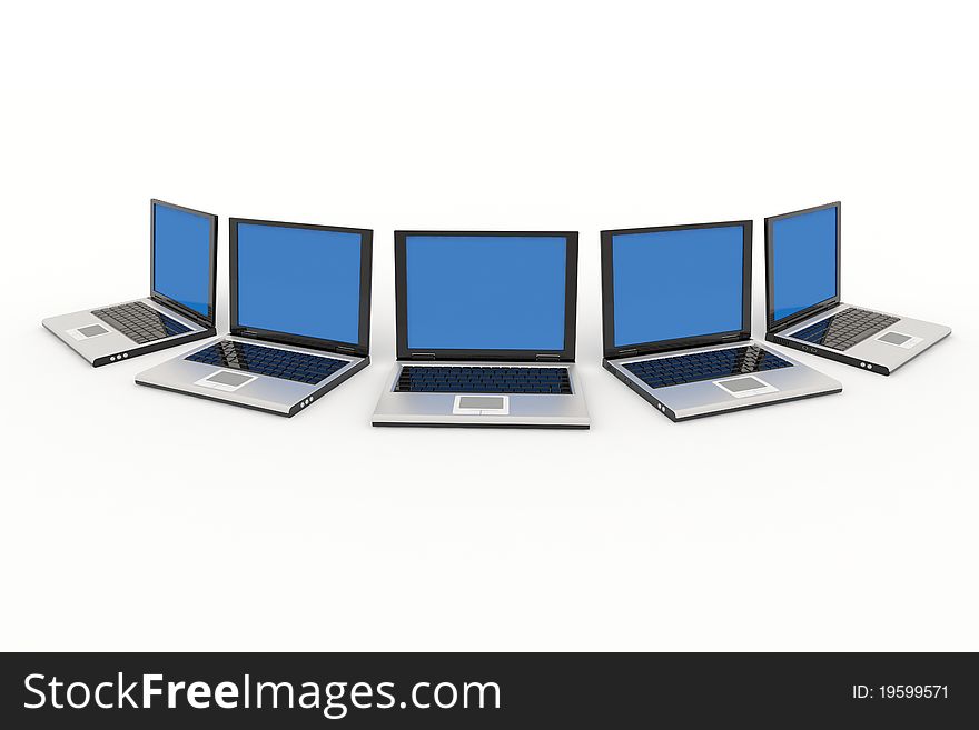 Some laptops isolated on white. Computer generated image.