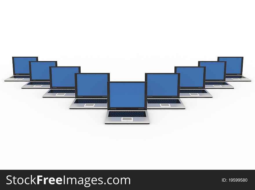 Some laptops isolated on white. Computer generated image.