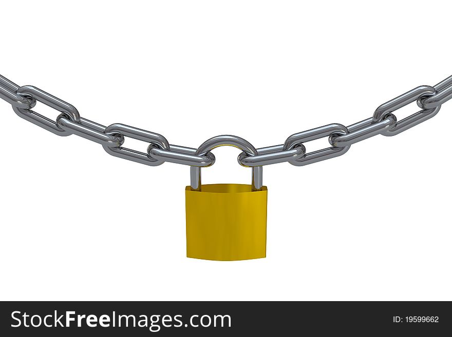 Padlock and chain isolated on white. Computer generated image. Padlock and chain isolated on white. Computer generated image.