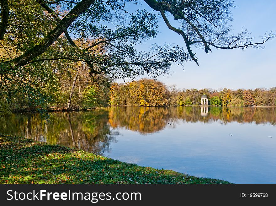 Beautiful pond in the autumn park Nymphenburg in Munich, Germany